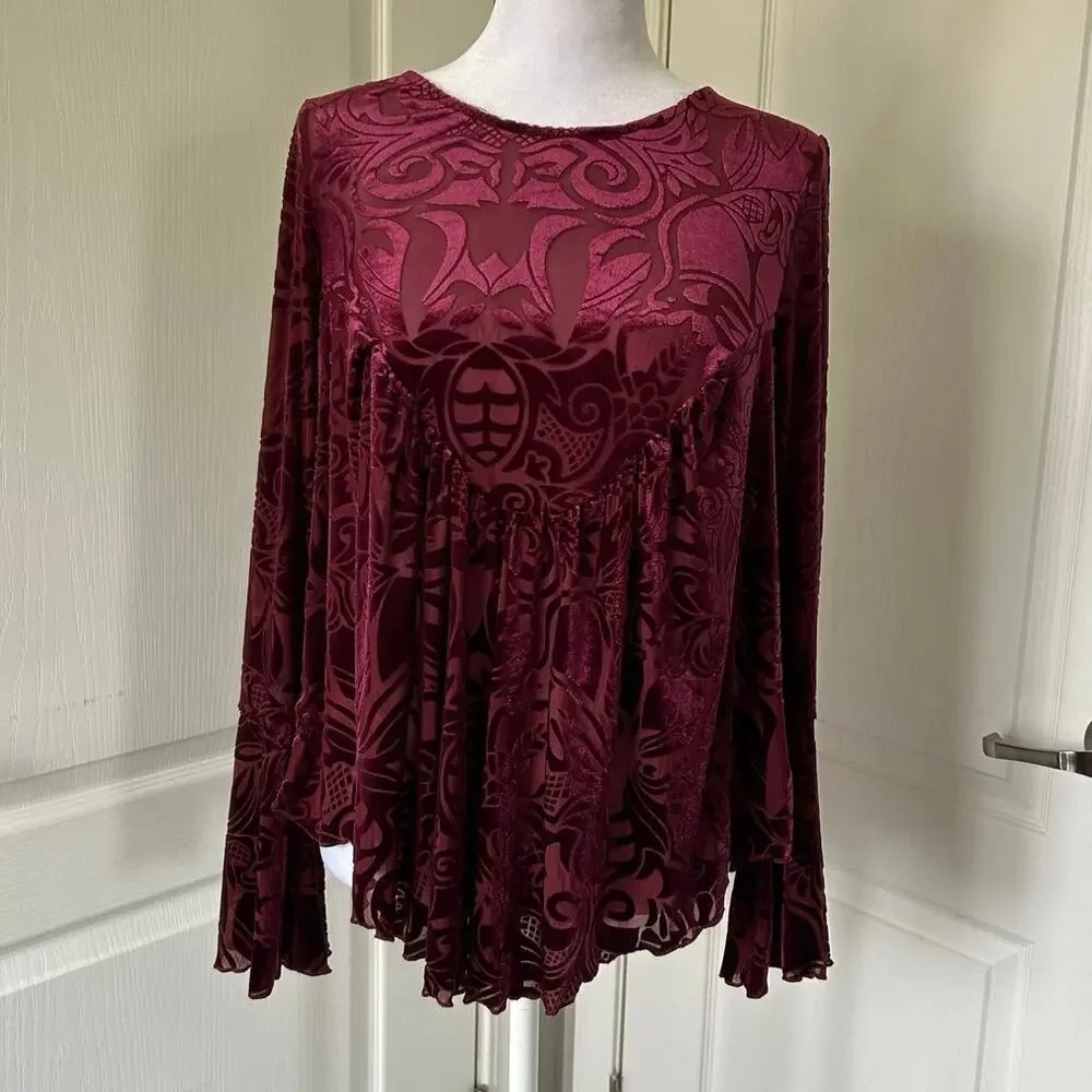 Ultra Pink Boho Velvet Tunic Top – Bell Sleeves in Deep Burgundy size M​ - Picture 8 of 9